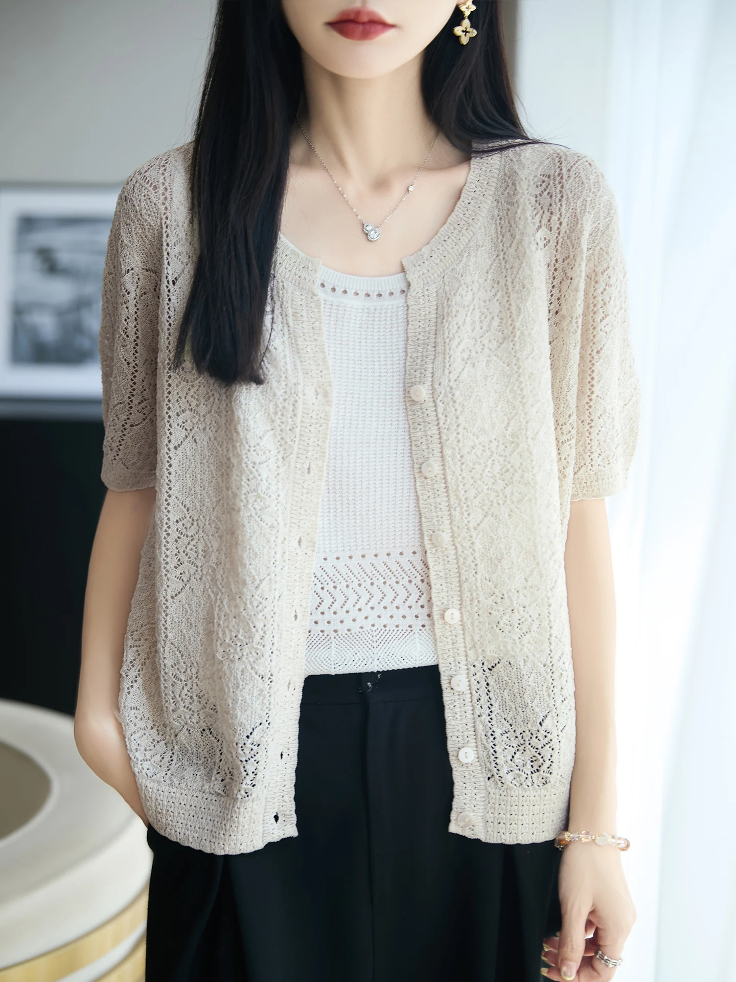 Linen Blend Pointelle Knit Cropped Cardigan French Style V-Neck Short Sleeve Sweater Hollow-Out Shrug Airy Top Button Shell