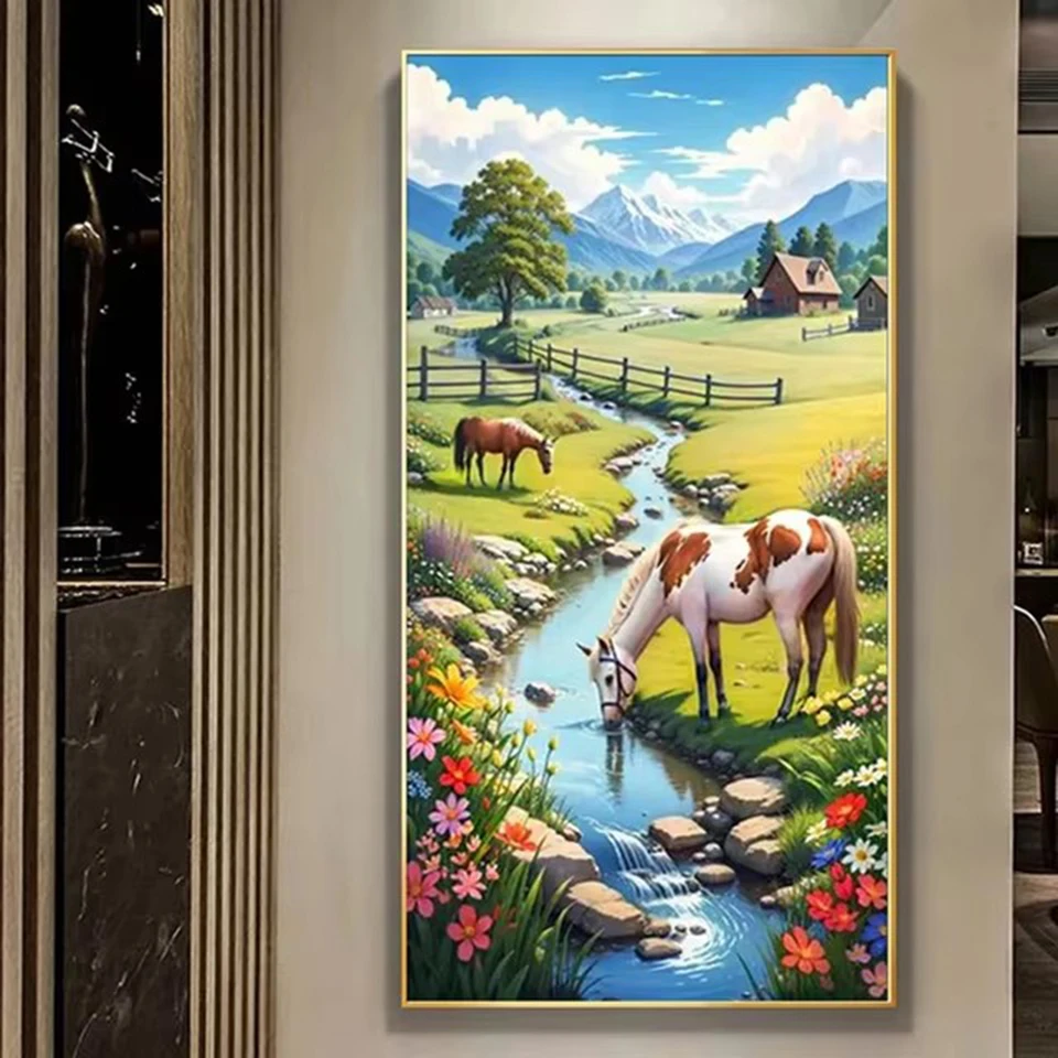 Vibrant Farm Beautiful Landscape Large Diy 5D Diamond Painting River Cow Drinking Full Square Round Mosaic Diamond Home Art