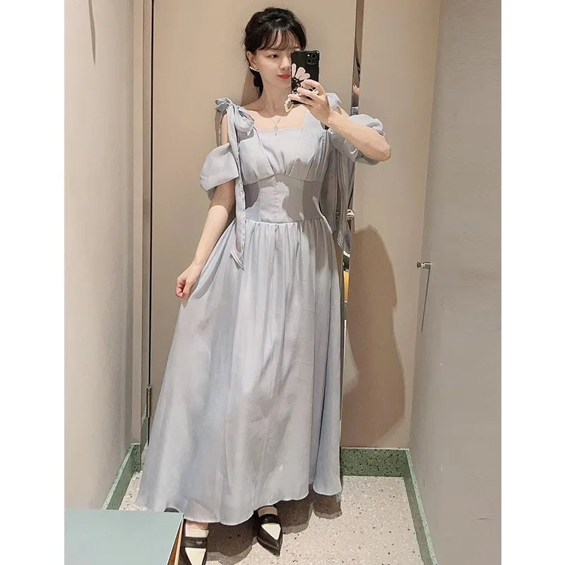 

WAKUTA-Sweet Slash Neck Puff Sleeve Elegant Robe, Off Shoulder Chiffon, Lace Up Casual Dress, Fresh Bow Patchwork Gown, Japanese