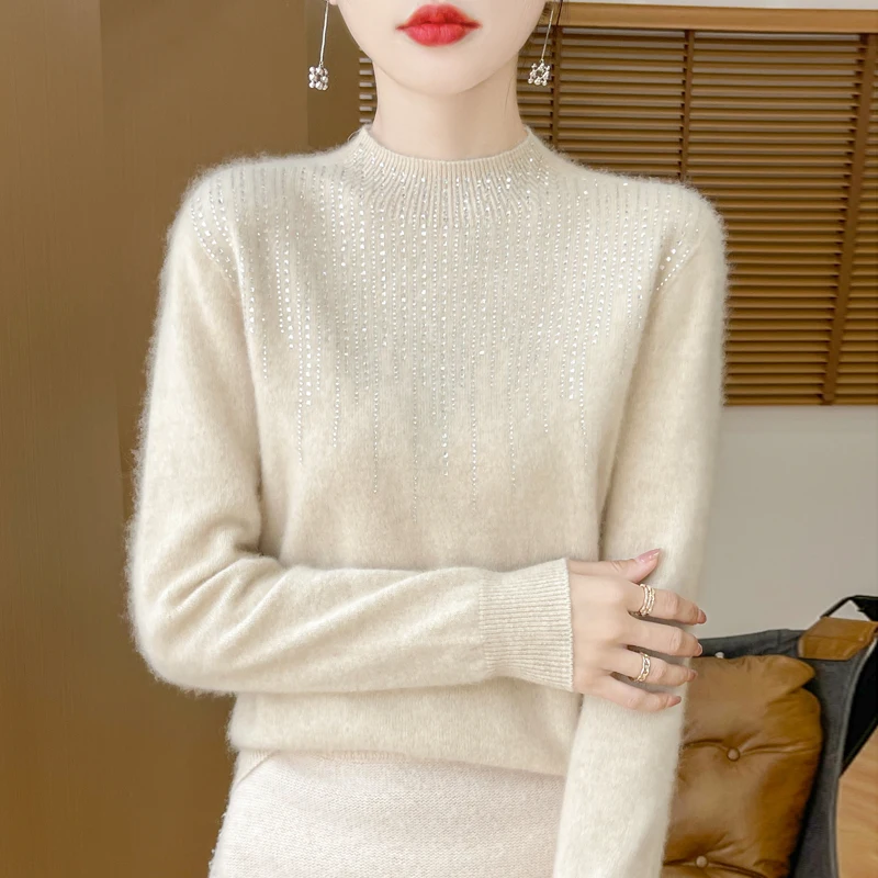 2025 autumn and winter women's wool sweater 100% pure wool pullover sweater women's cashmere shirt inlaid with diamonds sweater