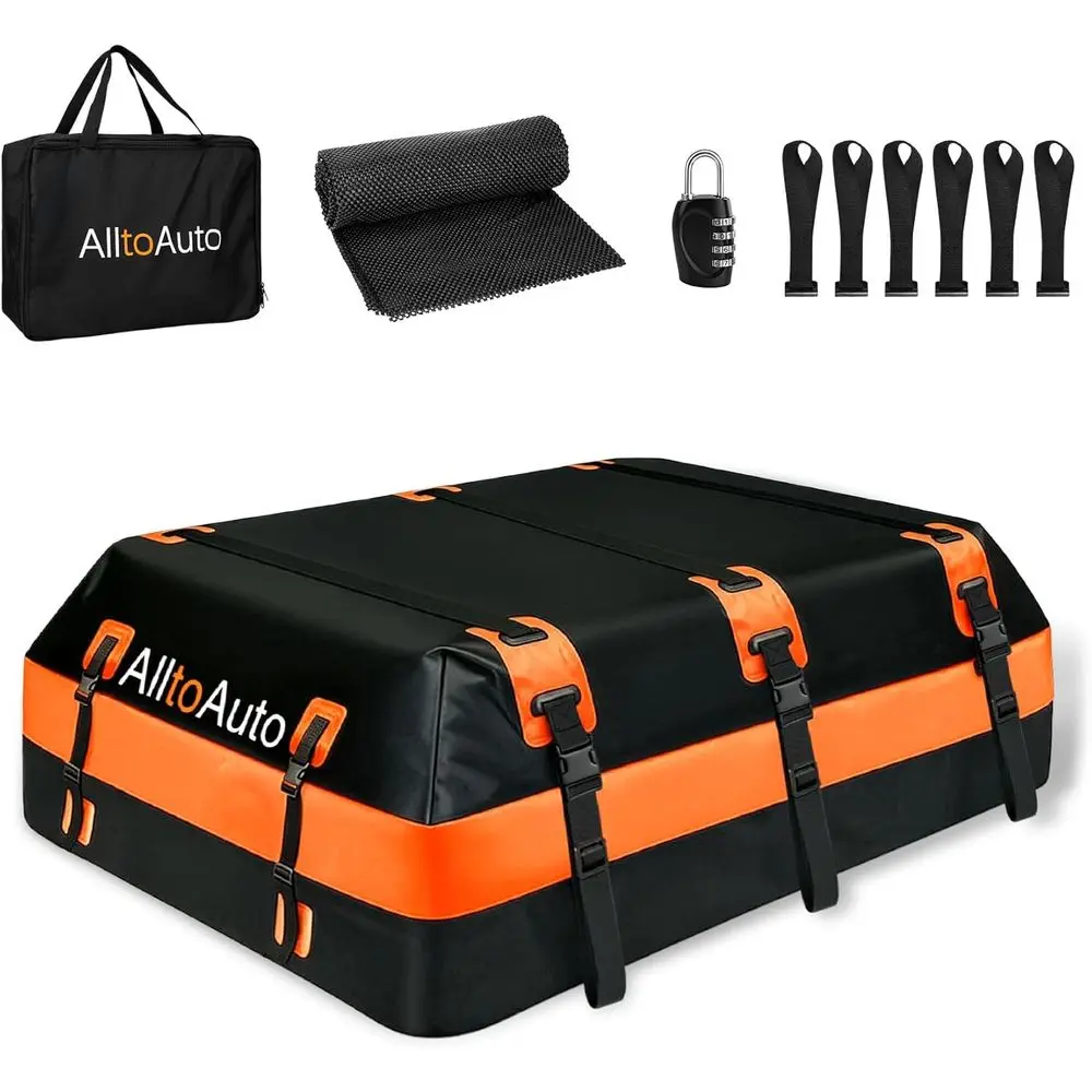 

Universal Heavy-Duty Waterproof Rooftop Cargo Carrier with Anti-Slip Mat, 10 Straps, 6 Door Hooks, and Lock
