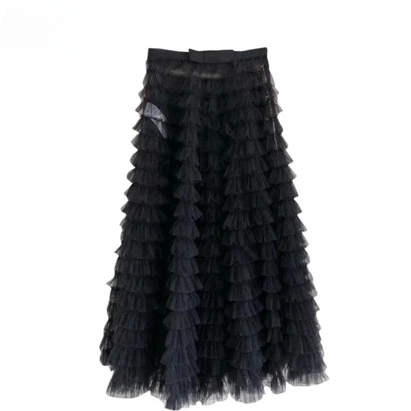 Women Runway Fashion Layered Ruffles High Quality Mesh Sheet Midi Long A Line Skirts Casual Basic 4 Seasons Bottom