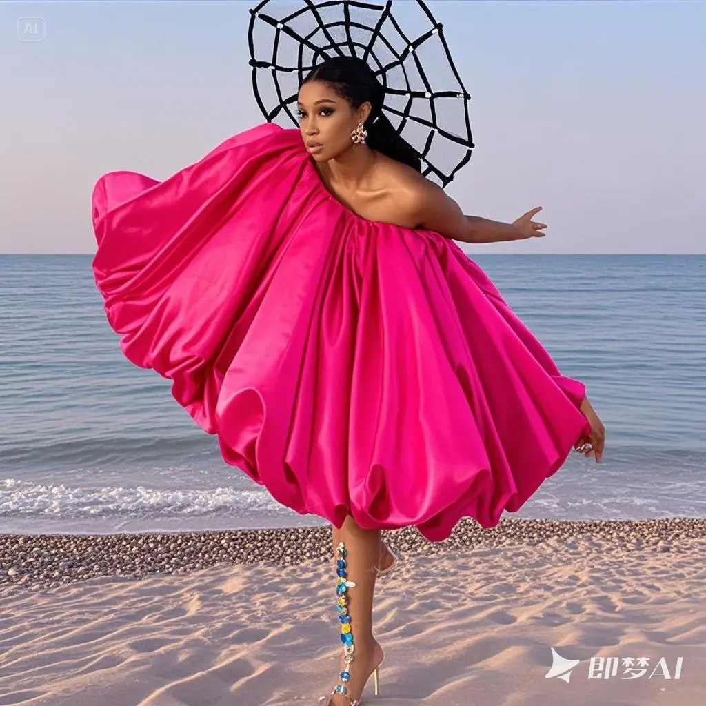 

Hot Pink Fuchsia Summer Wear Holiday Dresses One Shoulder Long Sleeves Puffy Mini Short Girls Birthday Party Dress