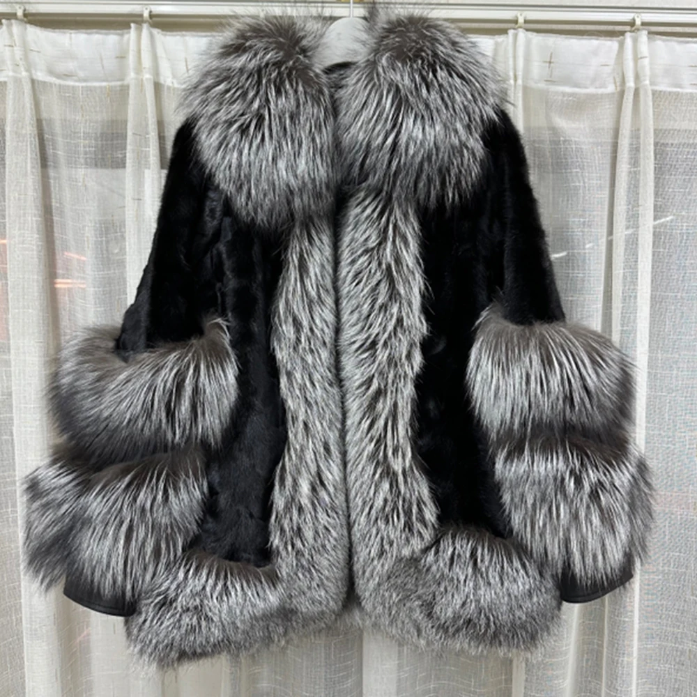 큰 여우 모피 칼라 밑단이있는 진짜 밍크 모피 코트 숙녀 겨울 자켓 럭셔리 streetwear