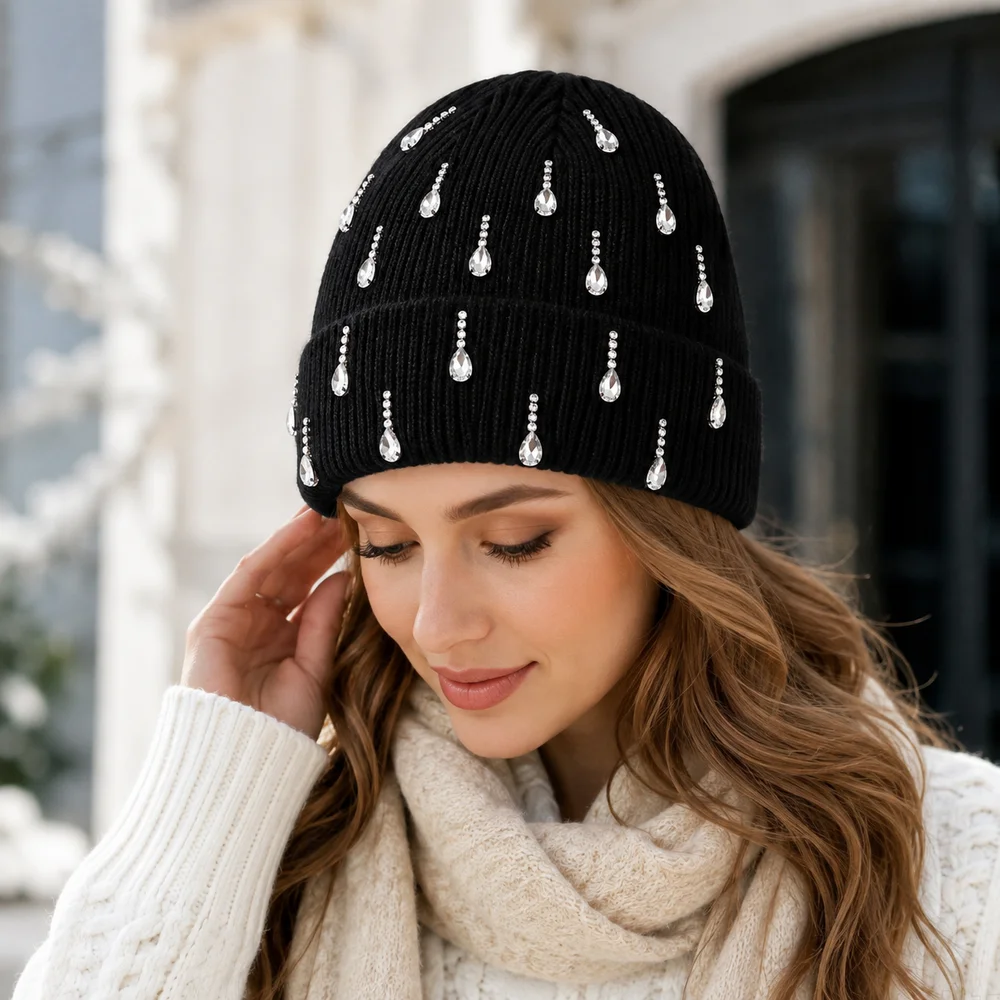 Sparkling Women Knitted Beanie Hat Rhinestone Embellishment Foldover Cuff Winter Hat Double Layer Stretch Fit Cuffed Beanie