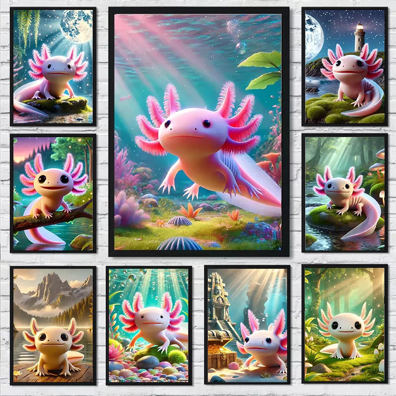 Modern Cute Axolotl Salamander Underwater Poster Colourful Animal Cartoon Canvas Painting Wall Art for Living Room Home Decor