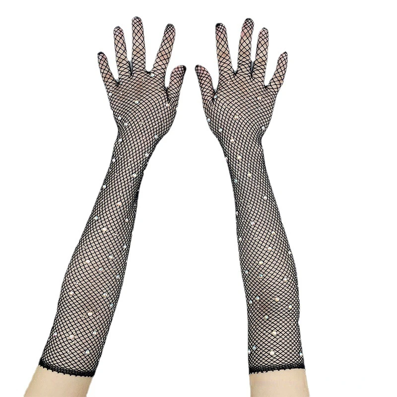 Gants longs en maille avec strass, filet de pêche ajouré pour femmes, gants de Cosplay fantaisie en résille, noir, blanc, rouge