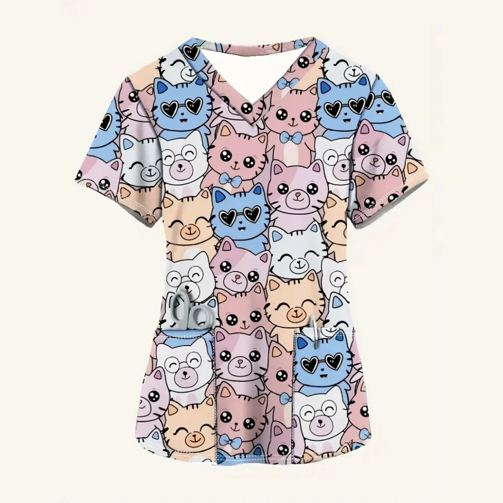 Animal dos desenhos animados enfermagem esfrega topos feminino uniforme de enfermeira moda feminina com decote em v bolso macacão uniformes médicos uniforme enfermera