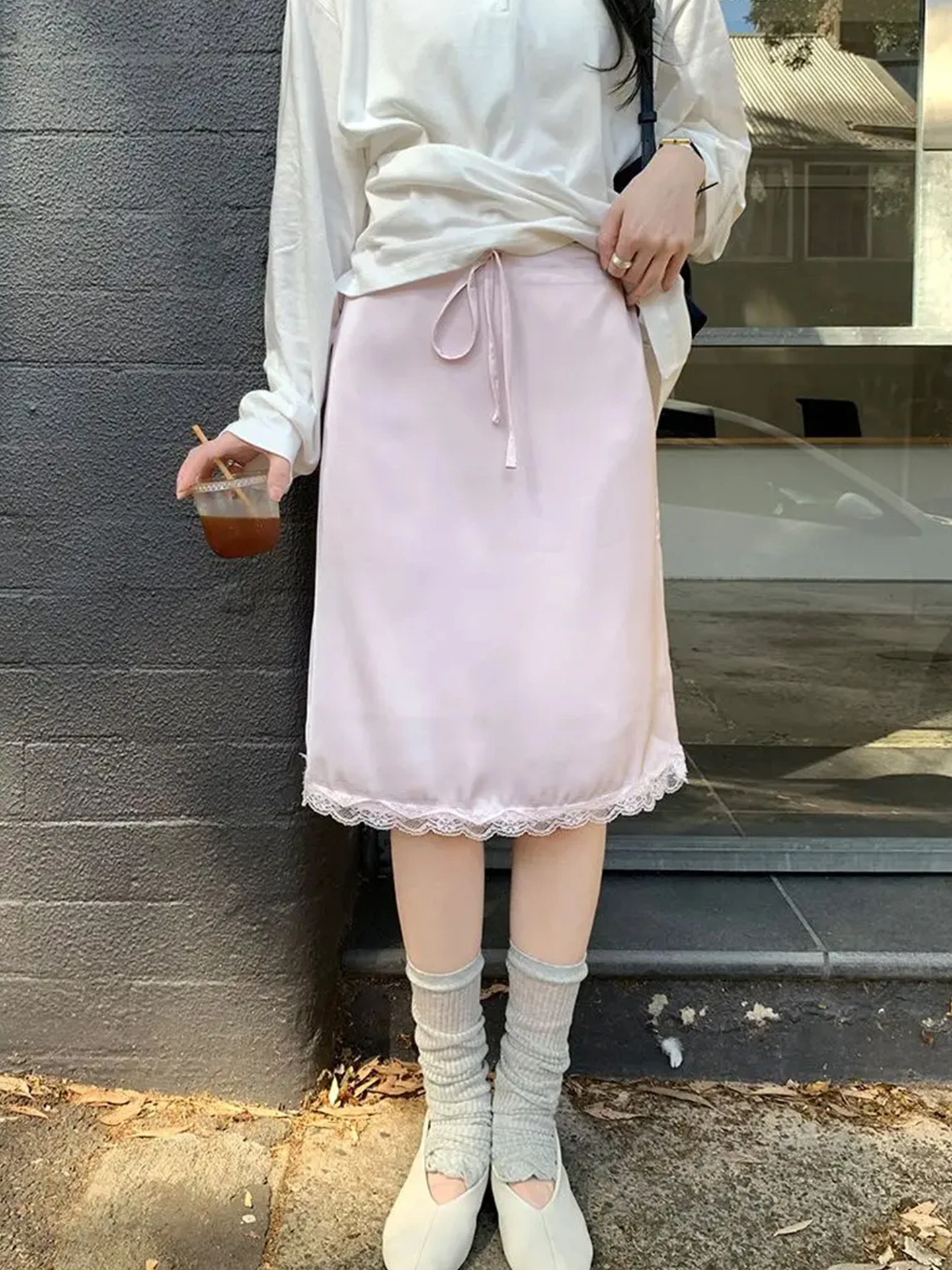 Liangliang Gentle Pink Satin Drawstring High Waist Midi Skirt Slimming Summer New Arrival Flowing Korean Style Straight Cut