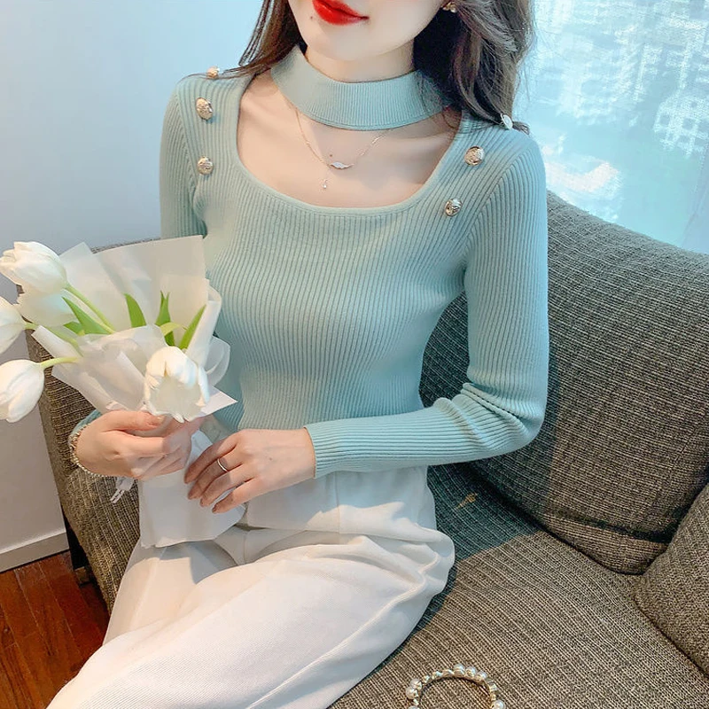 New Women Korean Fashion Sexy Halter Sweet Chic Basic Knitted Sweater Autumn Winter Elegant Solid Long Sleeve Slim Pullover Tops