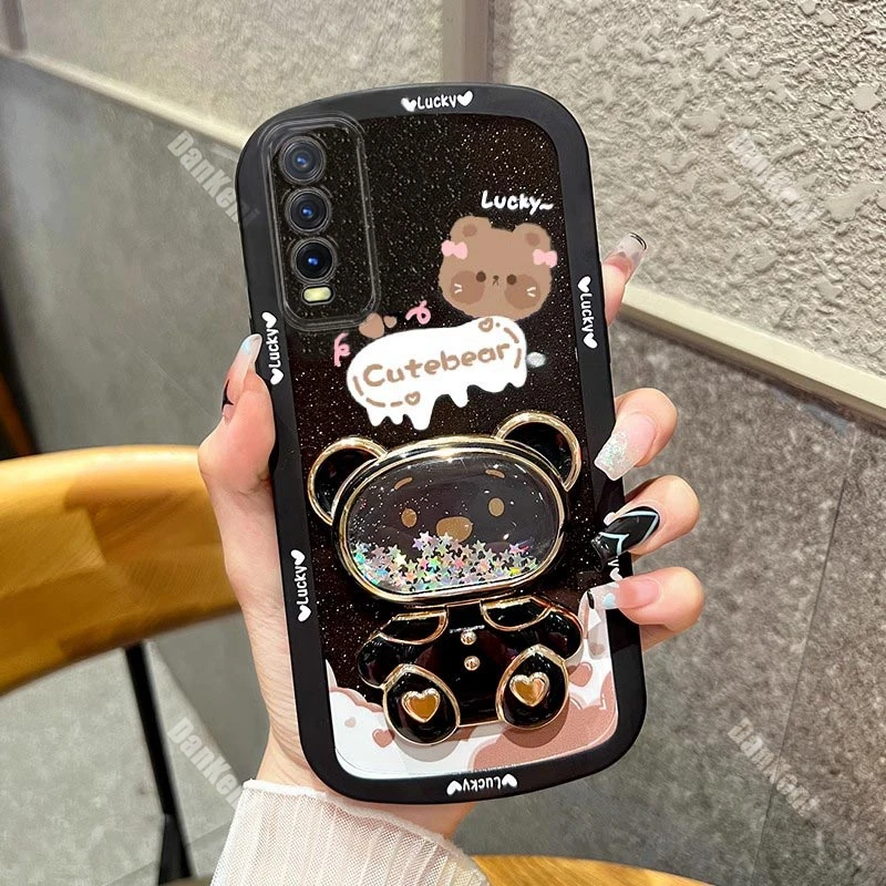 Bear Makeup Mirror Silicone Holder Phone Case For VIVO Y20 Y30 Y22 Y33S Y22S Y55S Y72 Y19 Y52S Y75 Y51S Y33 Y35 Plus Y77 Cover