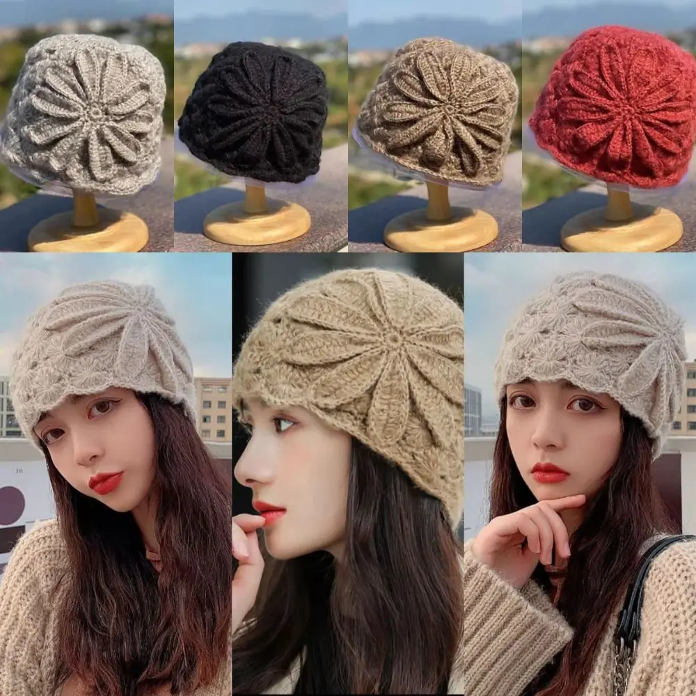 Fashionable Lace Flower Hollow Toe Cap Artistic Retro Knitted Woolen Hat Breathable Hollow Out Melon Skin Hat Hair