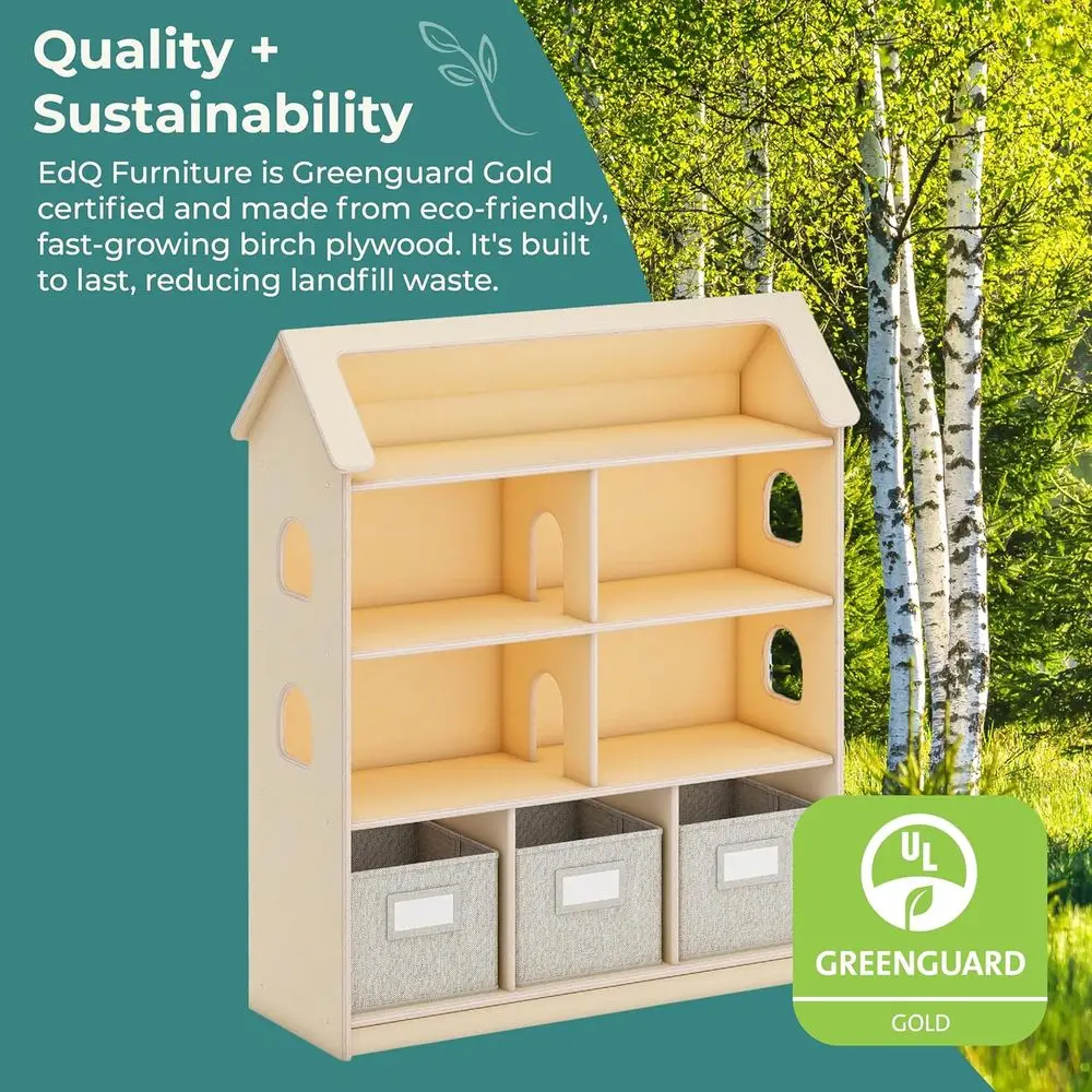 자연 목재 인형의 집 책장, 아이들 책, 인형 및 용품 보관함 포함