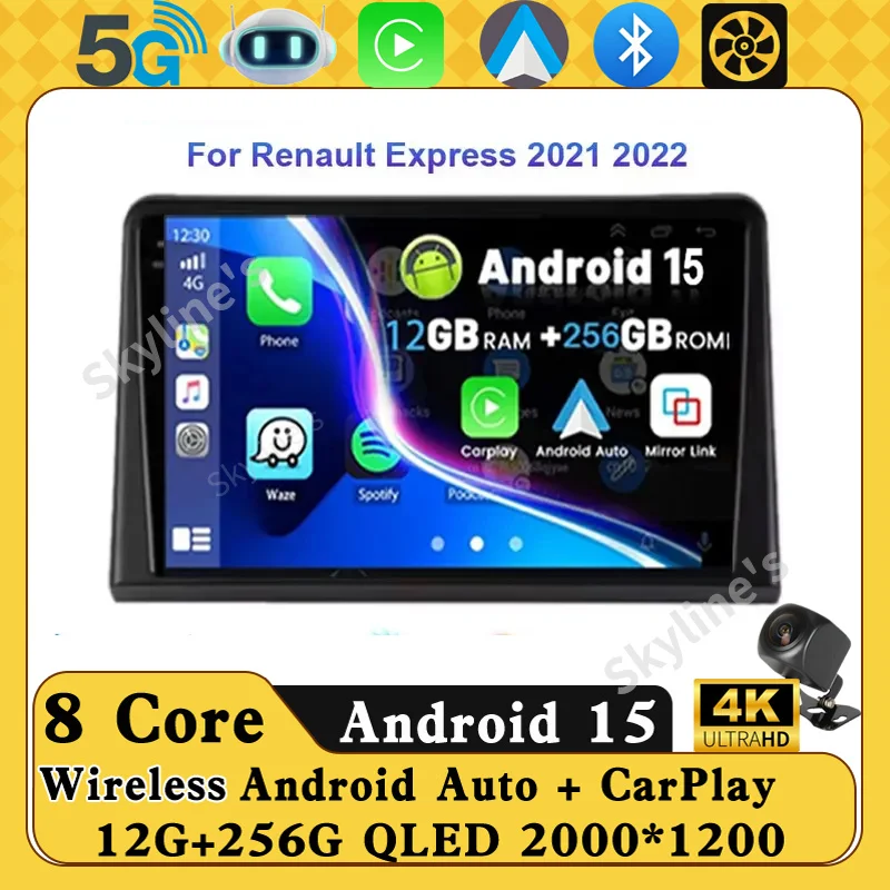 Rádio Automotivo Android 16 para Renault Express 2021 2022, Reprodutor Multimídia Estéreo com GPS, WIFI+4G, Carplay sem fio, Vídeo Automotivo e Câmera 360
