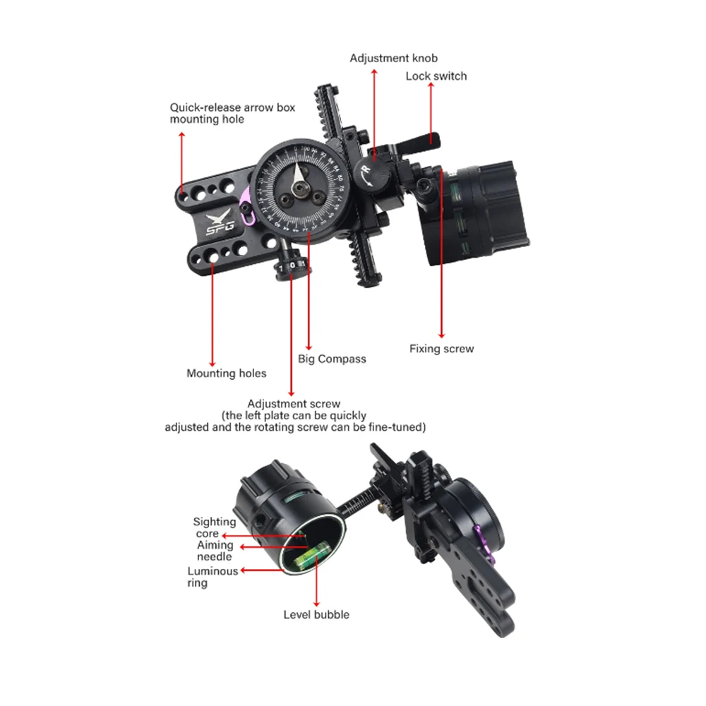 1pc Arco composto Sight Single Pin Sight Scope Caccia Tiro con l'arco Accessori Mano destra Micro-regolabile