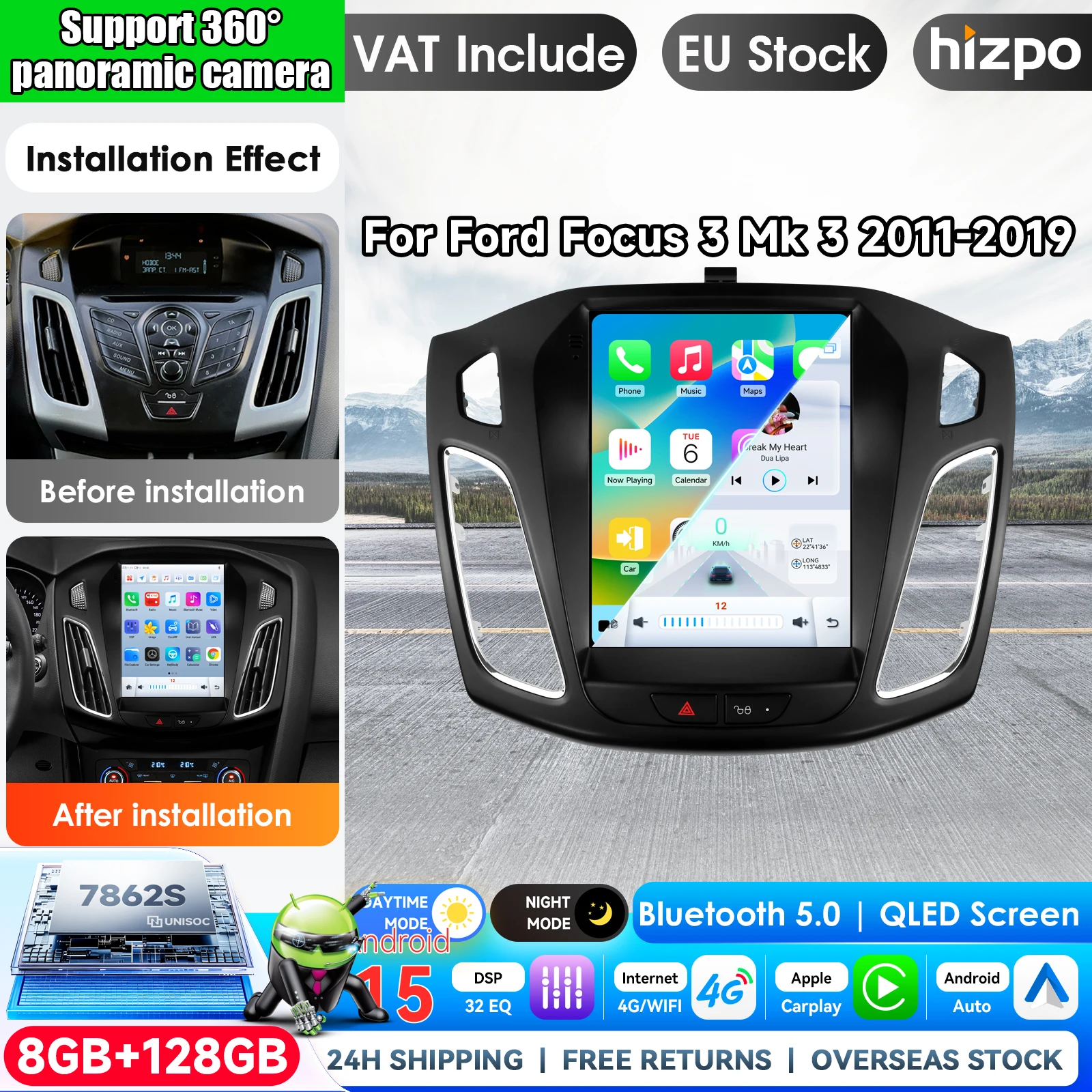 Hizpo 9,7 Zoll Tesla-Style Autoradio für Ford Focus 3 Mk 3 2011 2012 - 2019 Android Auto 4G Wireless Carplay DSP Multimedia-Player 2Din Stereo Autoradio Navigation GPS Auto AI Intelligente Systeme