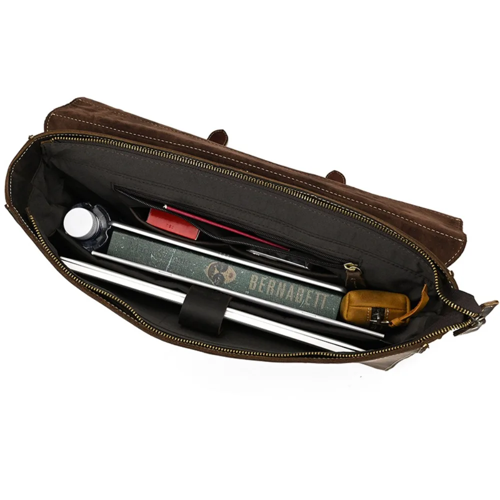 Leather Briefcase 14 Inch Computer Handbag Shoulder Messenger Casual Simple Fashion Versatile First Layer Cowhide  Business Bag