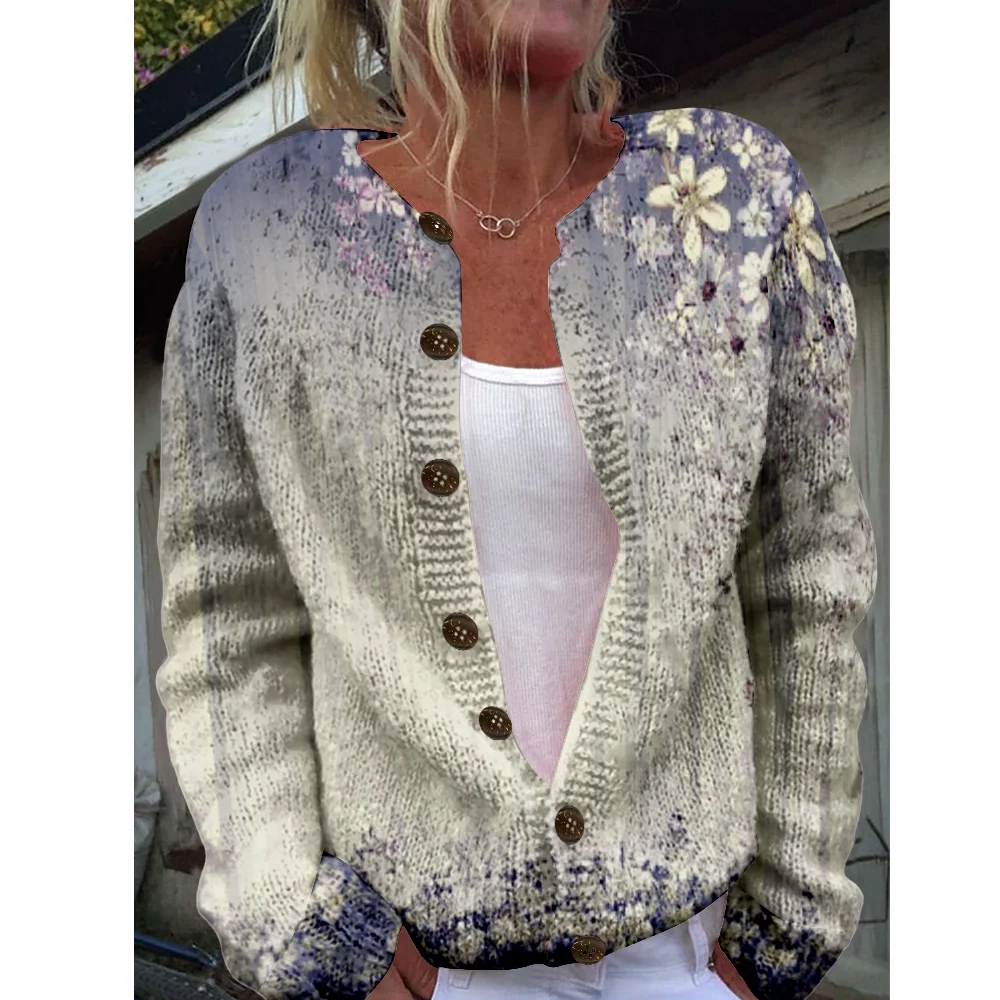 

Осень-зима вязаный кардиган с цветочным принтом, повседневный свитер, уличная одежда, женские свитера, вязаный топ, крутые джемперы, модные