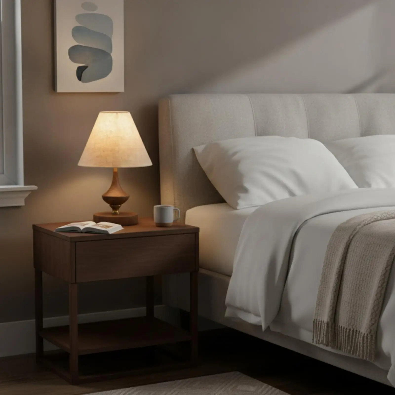 Decorative Wood Grain Bedside Lamp Natural Table Lamp with Textile Shade Warm