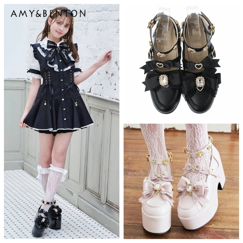 

Japanese Ins Fashion Sweet Bow Rhinestone Chunky High Heels Mine Mass-Produced Kawaii Lolita Platform Heels Liz Leather Shoes