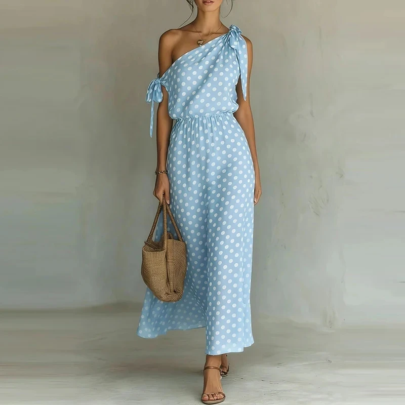 

Elegant Tie Up Hollow Out Slim Dress Temperament Lady High Waist Party Dress Trendy Asymmetry Slash Collar Polka Dot Print Dress