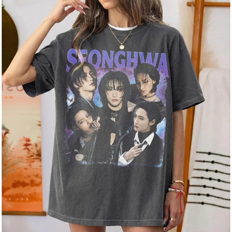 Ateez Seonghwa Vintage Graphic T-Shirt, Kpop World Tour Apparel Summer unisex Loose and Breathable cotton T-shirt Top