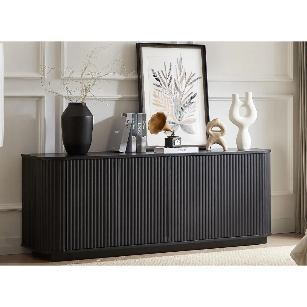 

64" Sideboard Buffet Cabinet with Storage, Wooden Fluted Storage Cabinet Sideboard with Adjustable Shelves Pressed Spring for Ki