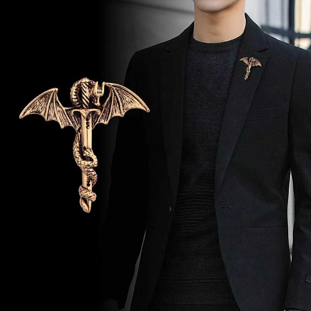 Retro Dragon Holy Sword Cross Badge Brooch Men's Brooch Dress Pin Fashion Business Casual Jewelry