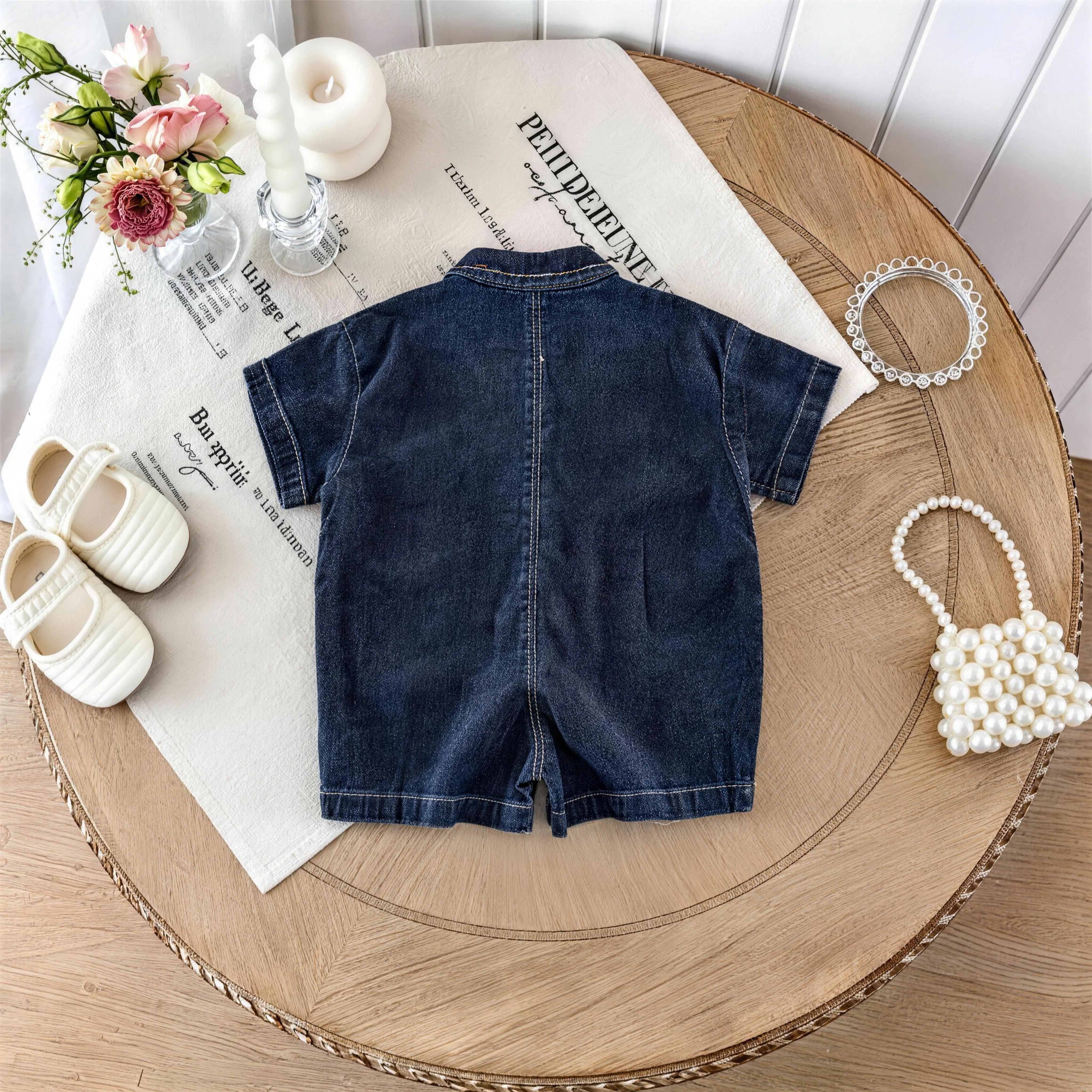 Baby One-Piece Summer Short-Sleeved Denim Outfit for Boys and Girls, New Style, Korean Version, Suitable for Outdoor Activities