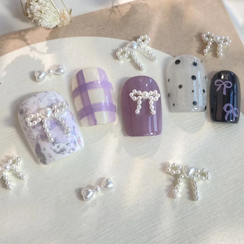50pc Cute 3D Resin Pearl Bow Nail Art Charms Macaron Imitation Japanese Preal Bowknot Ribbon Nail Decorations DIY Nail Accessory