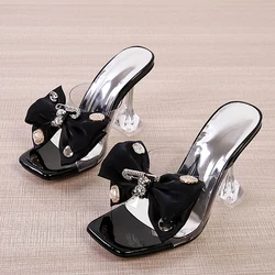 Liyke Big Size 46 Female Shoes Summer Party Slippers Fashion Metal Buckle Bowknot Designer Sandals Women Transparent Heels Slide