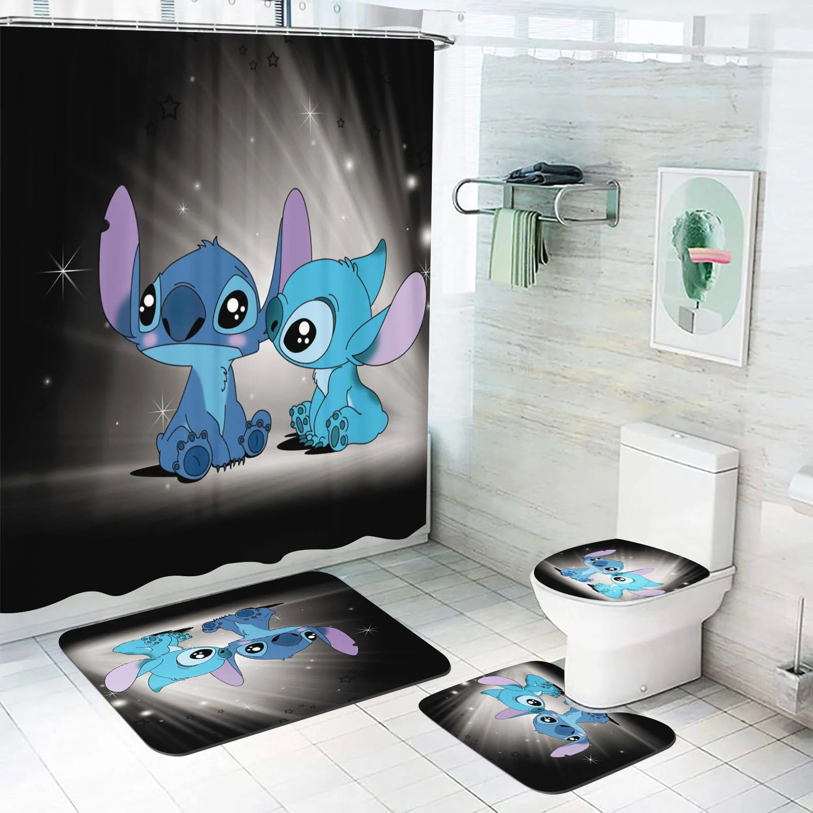 Stitch Anime Home 100% Polyester Bathroom Accessories 4 Piece Set Mats And Shower Curtain  Curtains Sets Luxury Waterproof