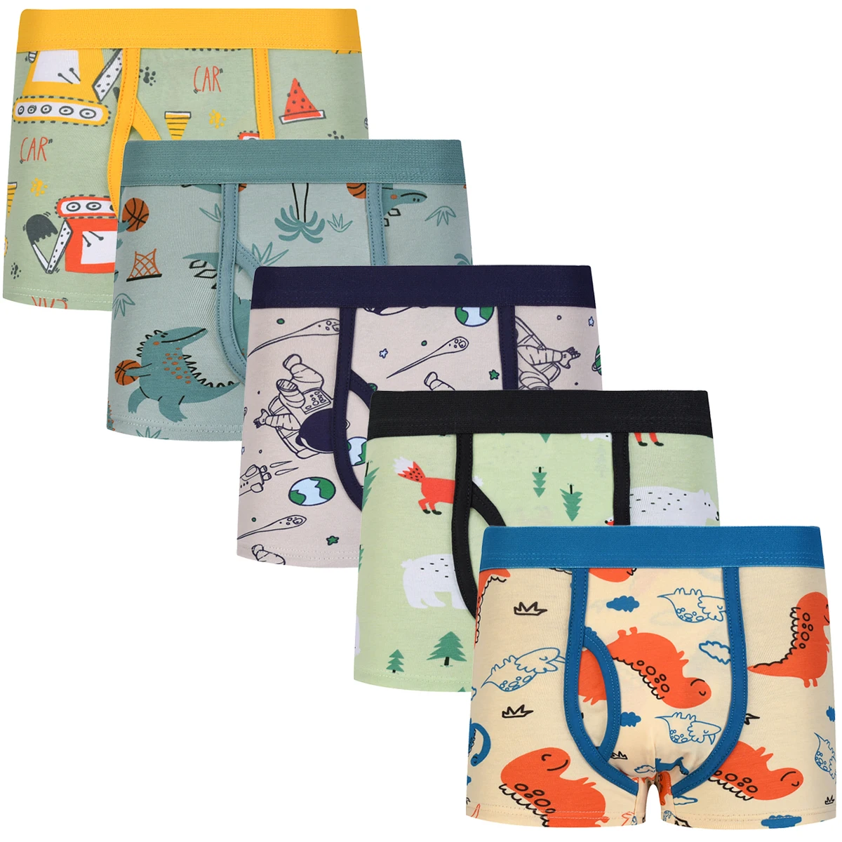 5Pcs Boys Cute Cartoon Pattern Comfortable Cotton Boxers Elastic