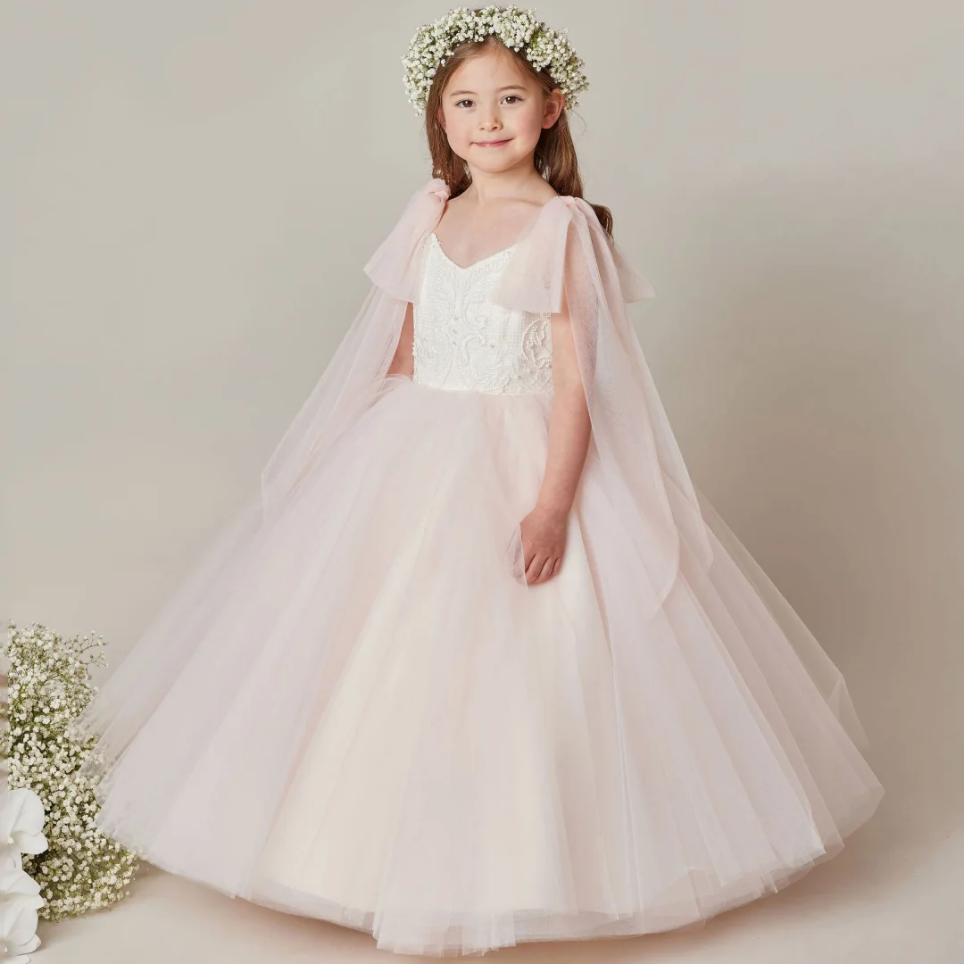 

Customized Pink Flower Girl Dress White Floral Appliques With Bow Shoulder For Wedding Birthday Prom Pageant Holy Communion Gown