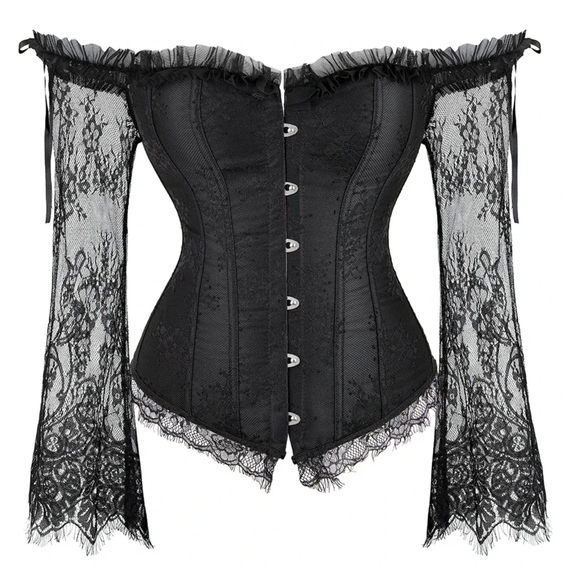 

Lace Long Sleeves Waist Busier Top Gothic Overbust Corset Vintage Basques Off Shoulder Corselet