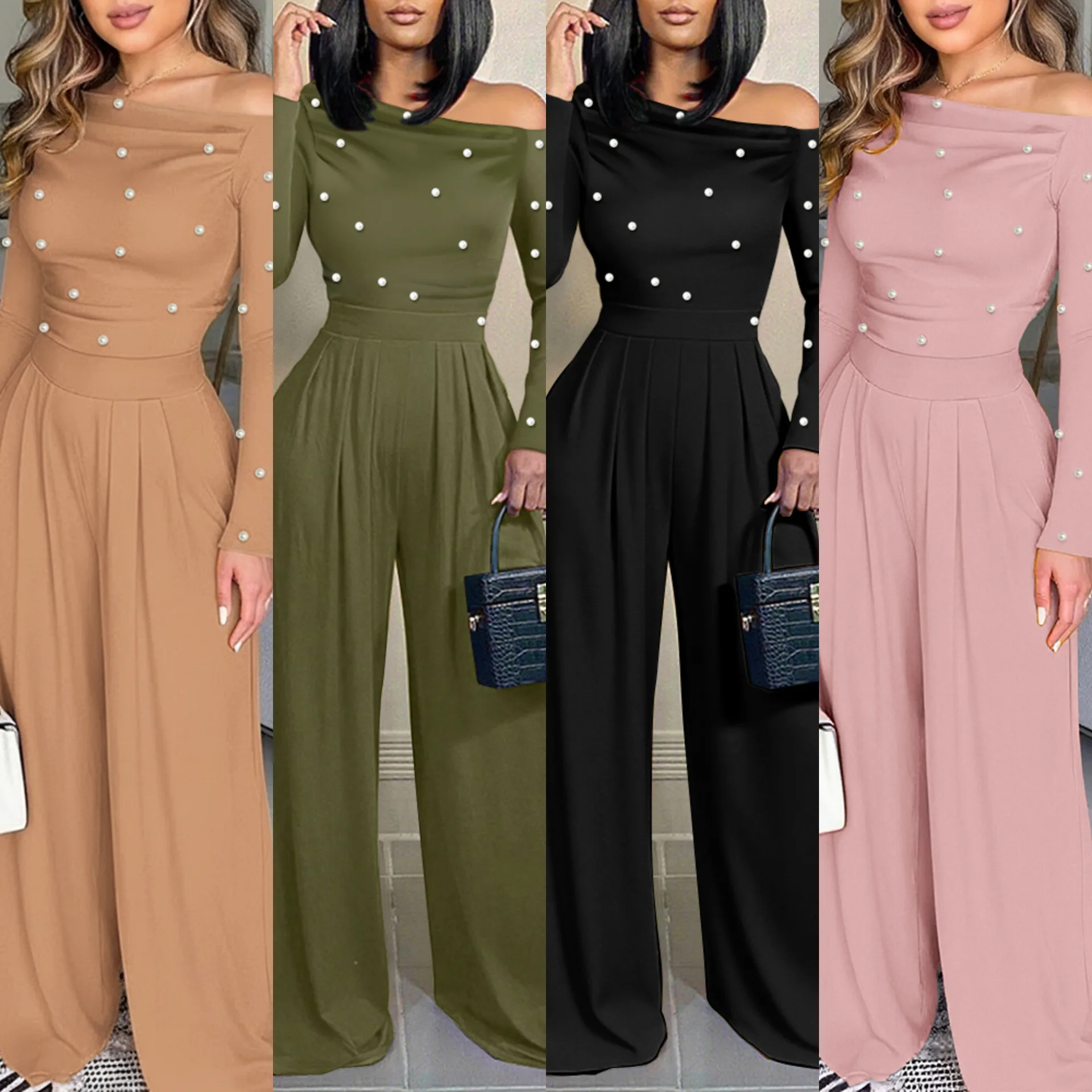 Summer Women's Off Shoulder Long Sleeve Beaded High Waist Wide Leg Jumpsuit Elegant Slimming Comfort All-match Commute Jumpsuit