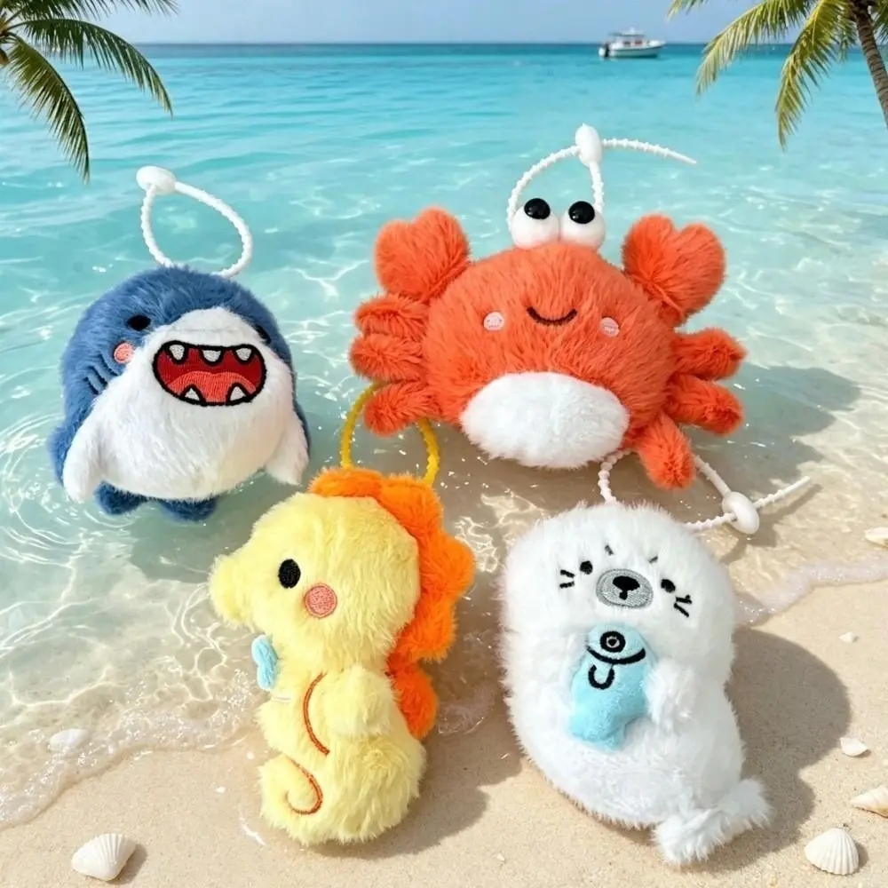 New Cute Sea Animals Plushie Keychain Cartoon Sharks Crabs Backpack Charm Seals Seahorses Pendant Holiday Gifts