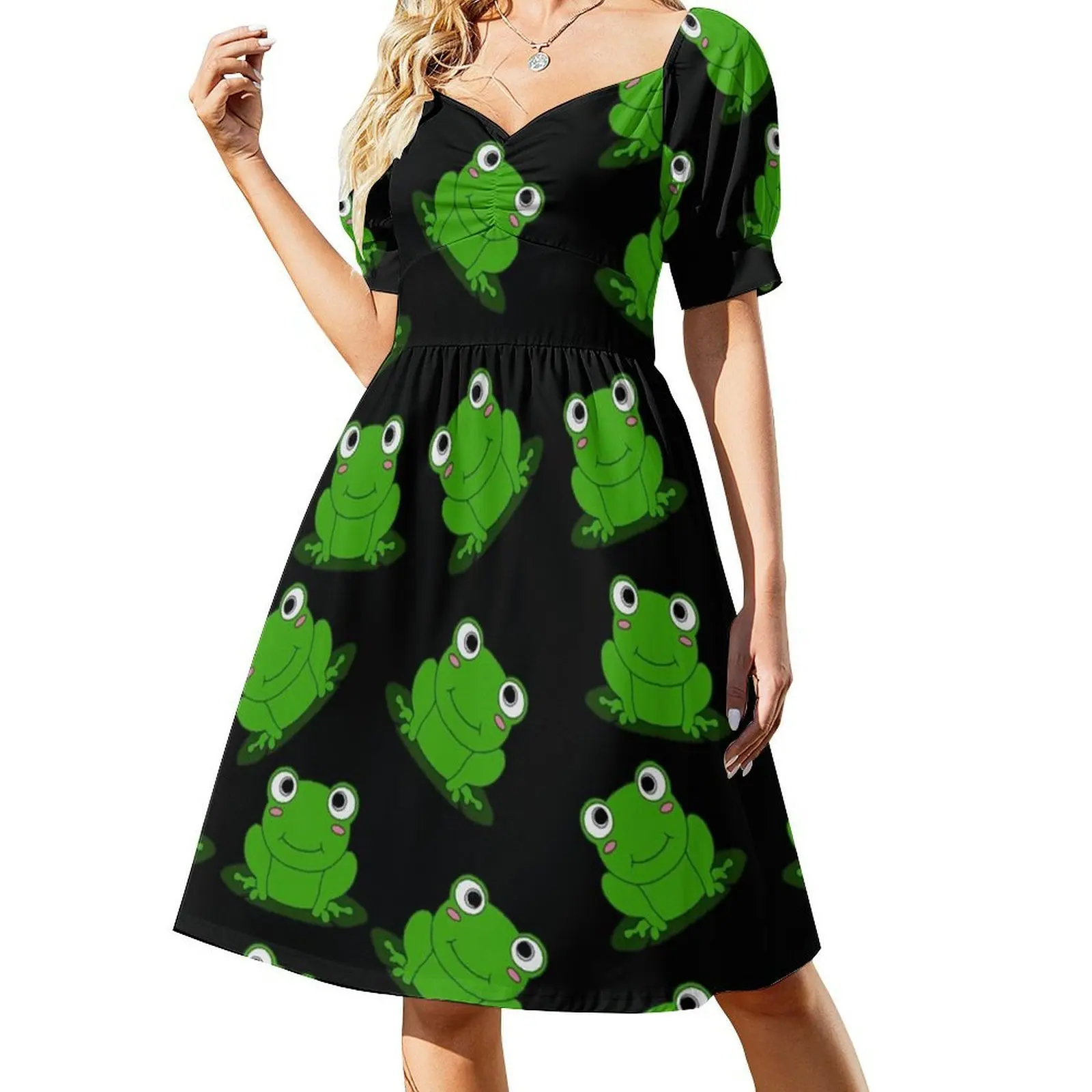 فستان بوهيمي عتيق بتصميم ضفدع لطيف بأكمام منتفخة أو خيارات بدون أكمام للنساء فستان نمط الضفدع لمحبي الضفدع #2