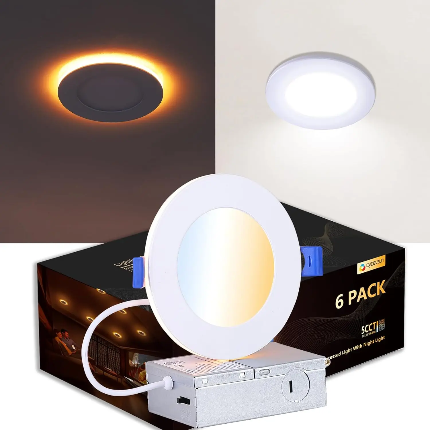 

4 Inch Recessed Lighting with Night Light, Dimmable 5CCT, 9W, 6 Pack