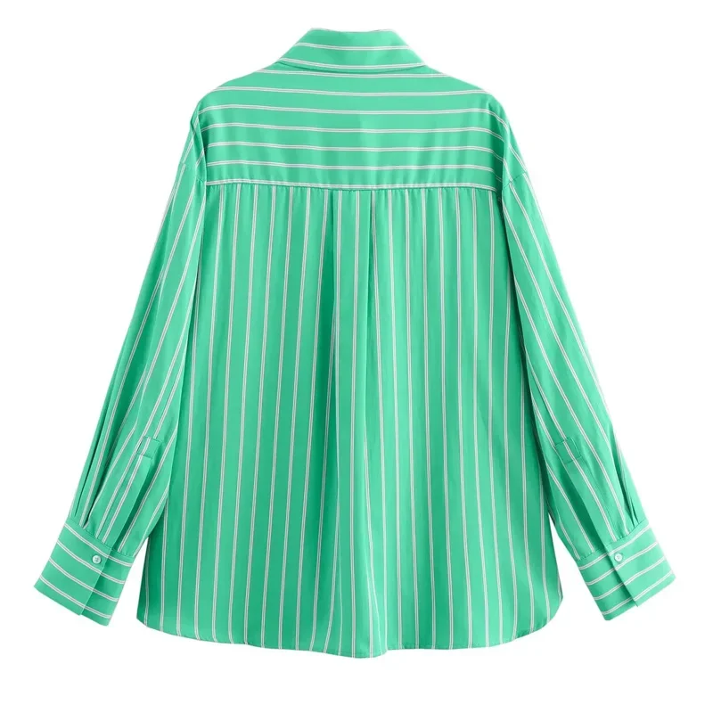 TRAF 2024 Green Striped Shirt Women Poplin Oversize Shirts Woman Fashion Button Long Sleeve Women\'s Casual Shirt Loose Blouses