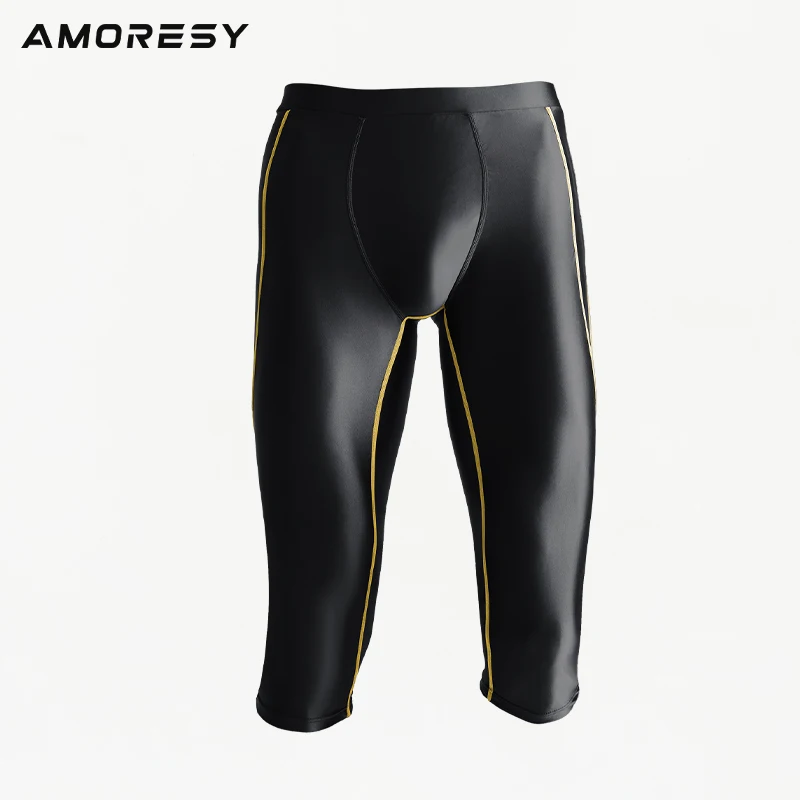 AMORESY Men\'s Shiny Gloosy Fitness Capris Breathable Running Yoga Satin Compression Leggings Sport Tights Sportswear Swim Pants