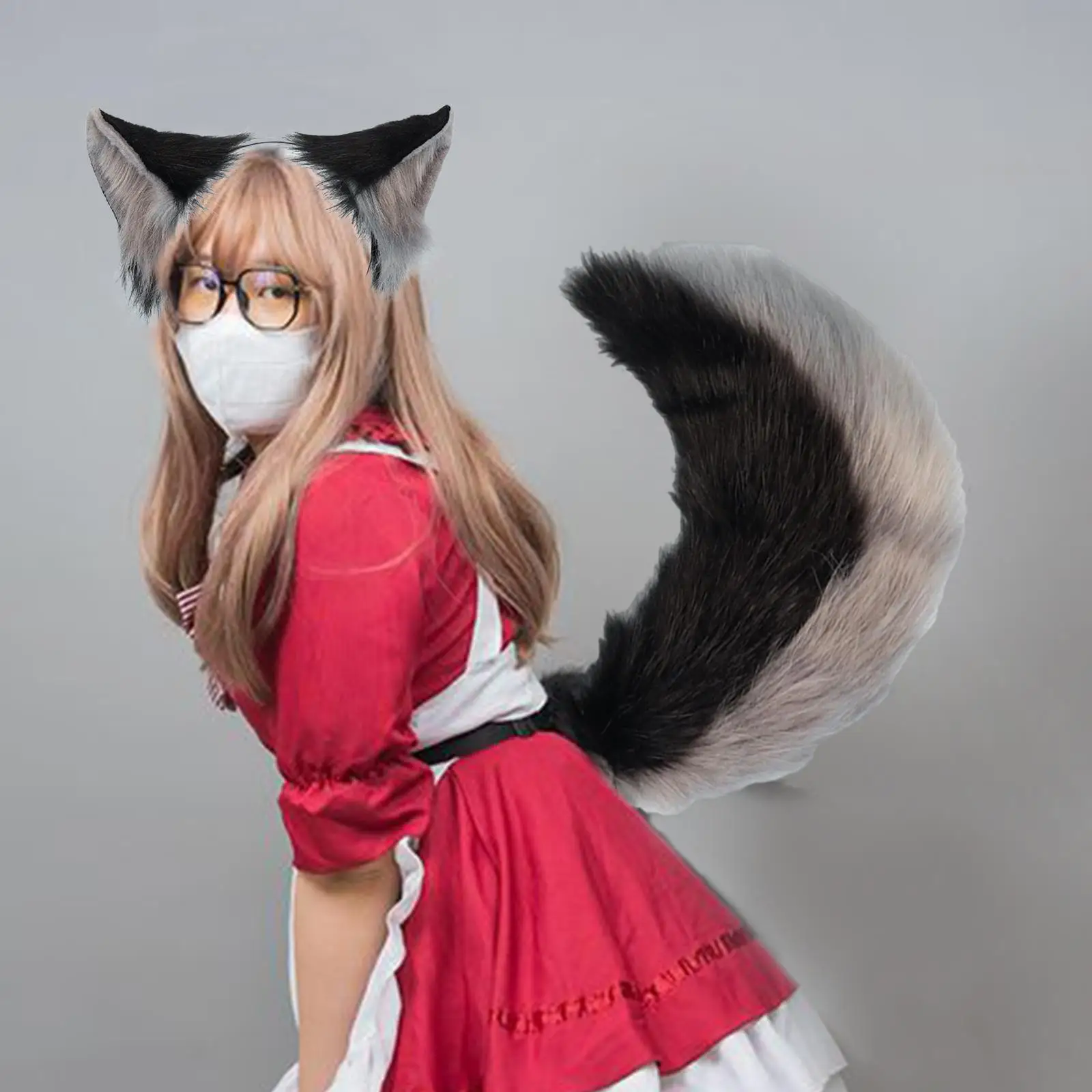 Conjunto de cosplay de cola y orejas de zorro para niños, hombres y mujeres, fiestas temáticas de animales, negro y gris