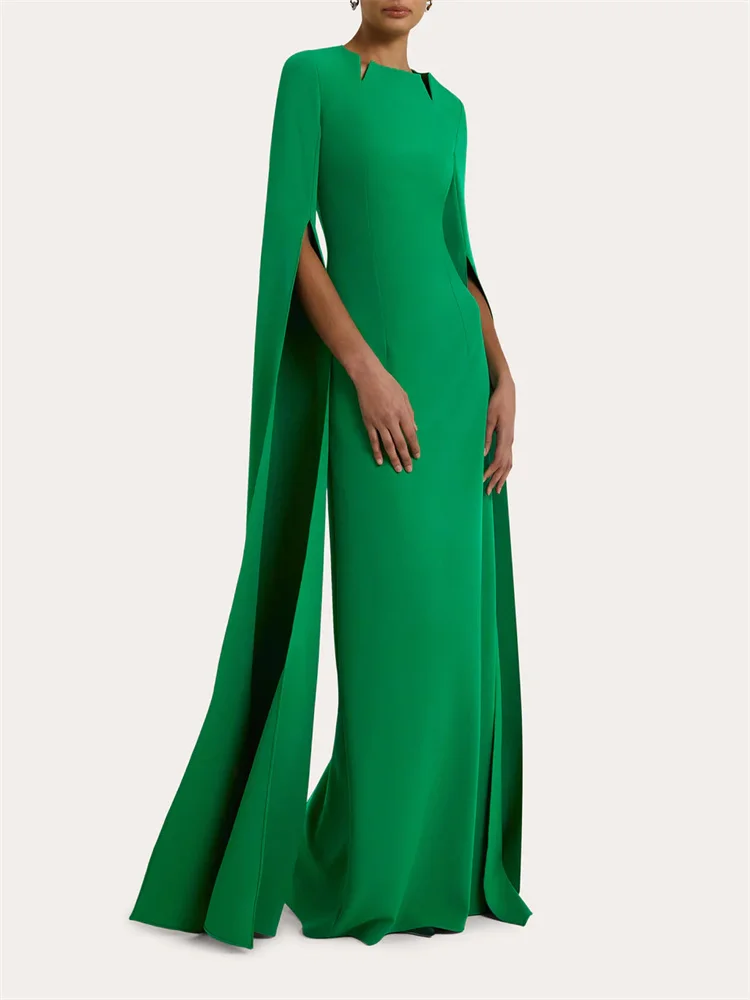 New Arrival Notched Neckline Long Slit Cape Sleeves Straight Crepe Evening Dress Elegant Back Zipper Floor Length Gown For Women