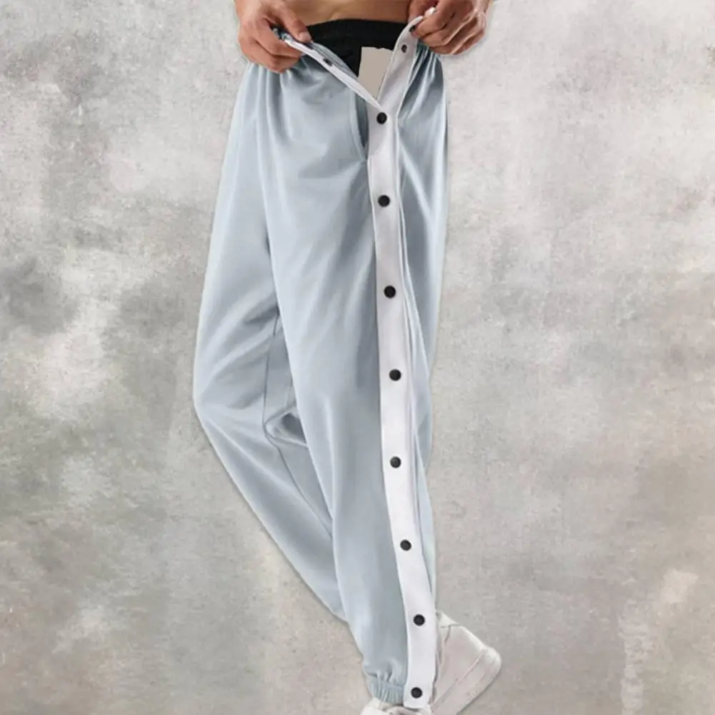 Mid-Rise Men Sweatpants Elastic Waistband Pockets Patchwork Color Side Button Placket Basketball Pants