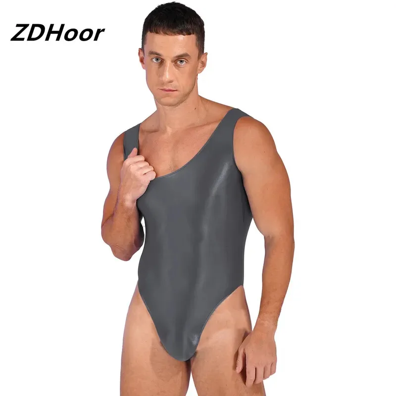

Mens Glossy Pool Party Swimsuit Swimwear Backless Bodysuit High Cut Sleeveless Leotard for Sports Workout Yoga