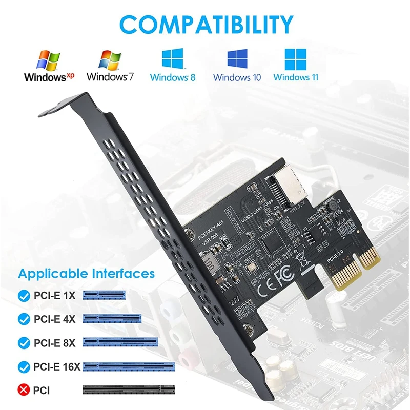 PCI-E 1X Ke USB 3.2 GEN1 5Gbps Kartu Ekspansi Tipe-e A-key, Antarmuka Tipe C Panel Depan untuk PC Desktop (ASM1042A)