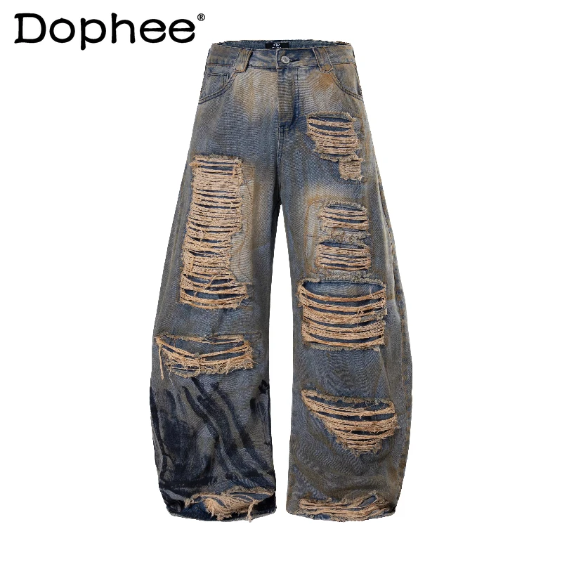 

2026 Men's Four Seasons Wear Fashion High Street Denim Pants Male Chic Loose Curved Jeans Zipper Hole Decorative Denim Trousers