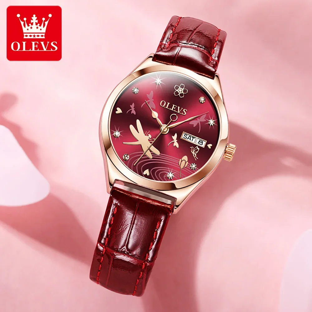 OLEVS Automatic Mechanical Watch for Women Luxury Leather Strap Dragonfly Skeleton Dial Fashion Women\'s Wristwatches Reloj Mujer