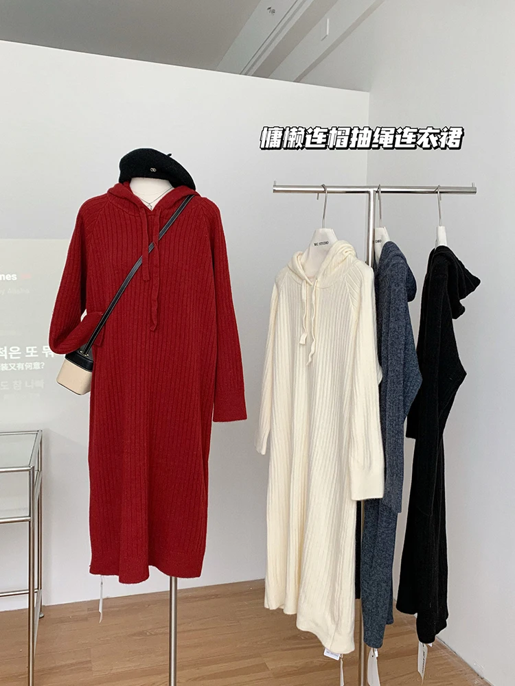 Vintage Hooded Knitted Dress Women Solid Color Oversized Midi Dresses Winter Korean Elegant Thicken Loose Casual Dress