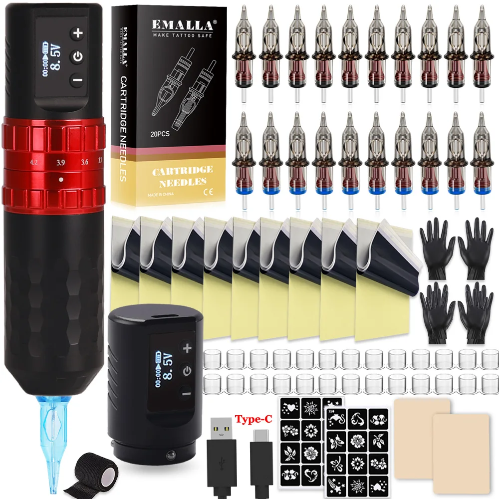 CINRA Tattoo Machine Set Rotary Wireless Tattoo Pen Kit Coreless Mortor Cartridge Pen Tattoo Needles Complete for Tattoo Artists